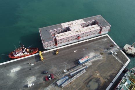 The Bibby Stockholm barge docked in Portland.