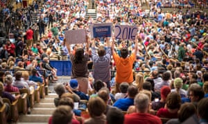 Supporters hold up signs at the July 2015 rally for Bernie Sanders, in Madison, Wisconsin.