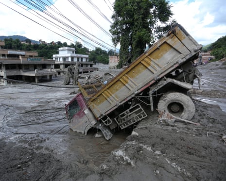 A flood-affected area in Nuwakot, Nepal, after outburst of a glacial lake in Tibet.