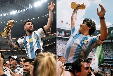 Lionel Messi holds the World Cup trophy after gloruy in Qatar 36 years after Diego Maradona did so at the Azteca Stadium in Mexico City.