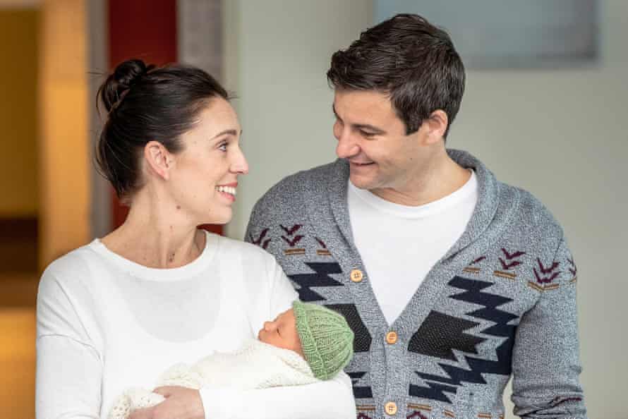 Jacinda Ardern and Clarke Gayford introduce their baby daughter outside Auckland hospital on Sunday.