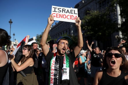 A protester in Madrid accuses Israel of genocide