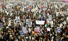 Antiwar Demonstration In London<br>LONDON - FEBRUARY 15: Thousands of people gather in Hyde Park after finishing an antiwar protest march February 15, 2003 in London, England. The march is believed to be the UK's biggest ever peace protest. Massive demonstrations are taking place in Europe, North America and Australia today against a possible U.S.-led war on Iraq. (Photo by Scott Barbour/Getty Images)