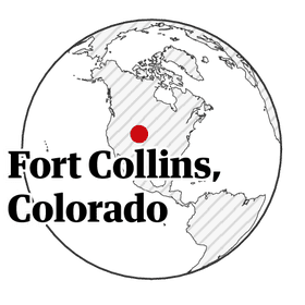 Black and white map of the globe with Fort Collins, Colorado, marked in red.