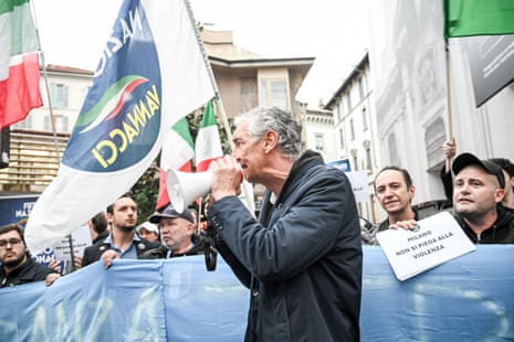 Massimiliano (Max) Bastoni at the Futuro Nazionale protest in Via Torino on 20 October following the attacks on businesses last weekend, Milan.