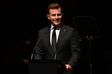 Host David Campbell during the state memorial service for Olivia Newton-John at Hamer Hall in Melbourne.
