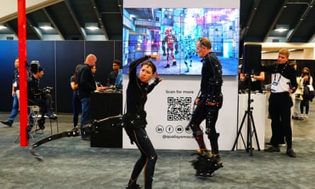 An exhibitor demonstrates with a motion capture device during the 2024 Game Developers Conference in San Francisco, California.