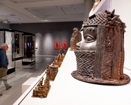 Restitution row: how Nigeria’s new home for the Benin bronzes ended up with clay replicas Benin bronzes on display on shelves