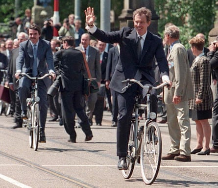 Back to the future? The new British prime minister, Tony Blair, right, followed by his Spanish counterpart José Maria Aznar, on a leaders’ bike ride in Amsterdam in June 1997.