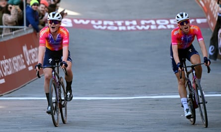 Both riders exhale after Demi Vollering beats SD Worx teammate Lotte Kopecky in a photo finish on the streets of Siena to win the women's Strade Bianche