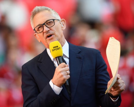 Gary Lineker speaking into a BBC Sport microphone during Match of the Day