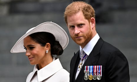 Prince Harry and Meghan, the Duchess of Sussex, leave after the National Service of Thanksgiving held as part of celebrations marking the platinum jubilee of Queen Elizabeth, in June 2022.