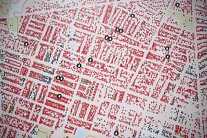 A map showing properties colour-coded in red, green, yellow and black