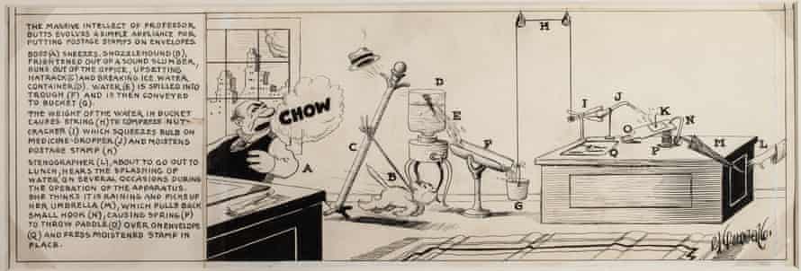 Rube Goldberg, Professor Butts invention drawing (postage stamps), 1929. Ink on paper.