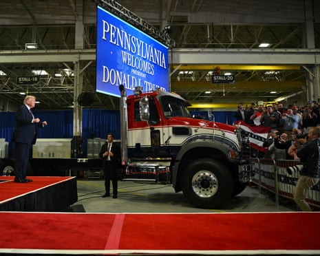 Donald Trump arrives to speak at the Mack Trucks manufacturing facility in Macungie, Pennsylvania.