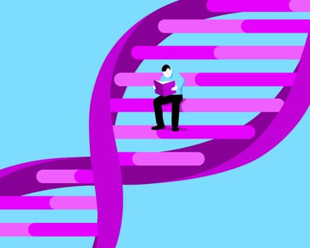 illustration of a man reading inside a DNA double helix