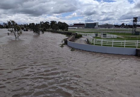 A flooded Kensington with the Flemington racecourse flood wall