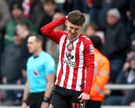Rigg of Sunderland reacts after his goal is ruled out by VAR for offside.