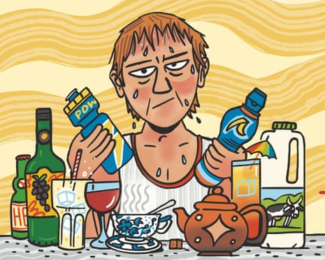 illustration of a sweaty man choosing what to drink