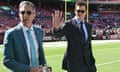 Tom Brady and his partner in the booth, Kevin Burkhardt, greet fans before the Dallas Cowboys v Cleveland Browns game on Sunday