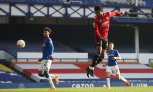 Marcus Rashford of Manchester United attempts a header from Bruno Fernandes’ cross and the ball ends up in the net.