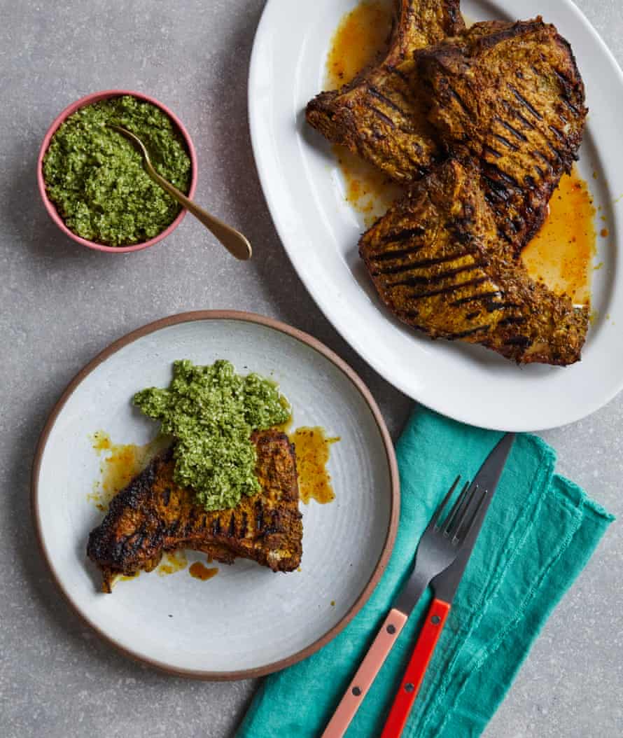 Ravinder Bhogal’s spicy yoghurt pork chops with coconut, mint, coriander and lime sambal.