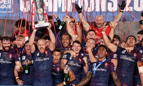 St Helens celebrate defeating Catalans Dragons in the Super League Grand Final at Old Trafford on Saturday.
