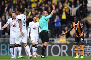 Hull City’s Oumar Niasse reacts as referee Bobby Madley shows him a straight red for a challenge on Watford’s M’Baye Niang in the 25th minute as the Tigers win 2-0 at the KCom Stadium. Hull have claimed 28 points in home games this season, compared to five points away, accounting for 85% of their total (28/33)