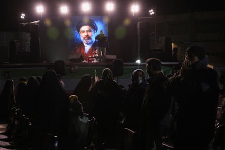 A picture of Iran’s new supreme leader, Mojtaba Khamenei, on a screen in Tehran on Monday.