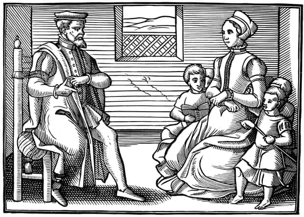 Puritan values … A father teaches his family psalms rather than ‘vayne and tryflying’ ballads, 1563.