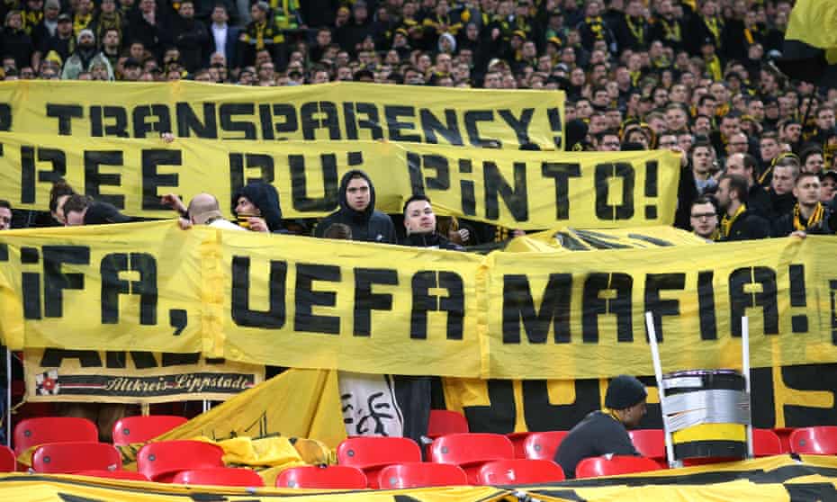 A free Rui Pinto banner held by Borussia Dortmund fans at Wembley this month.