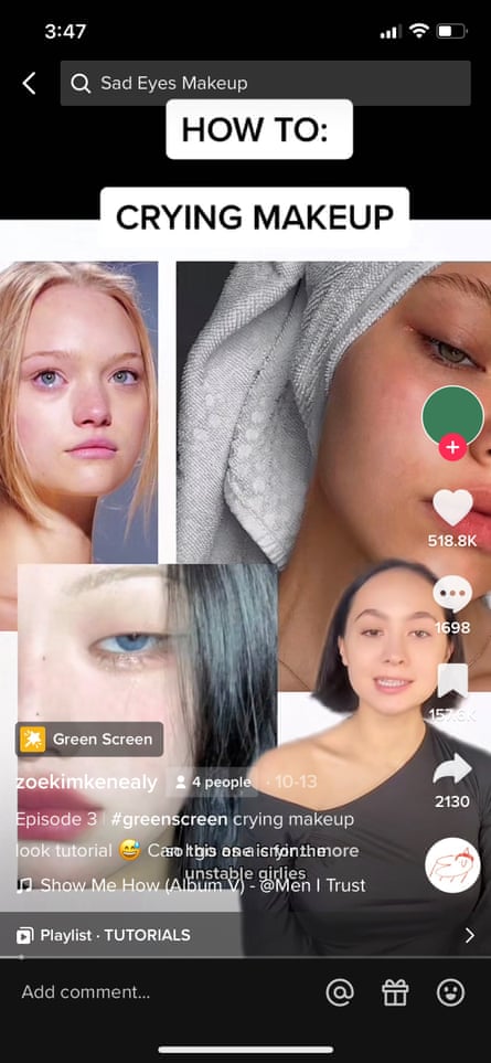 tiktok screenshot met de tekst 'how to: cry makeup' bovenaan met voorbeelden in een collage