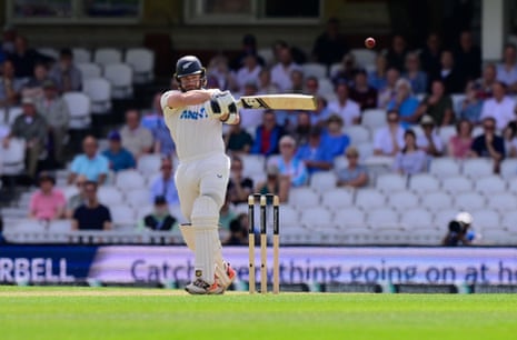 Glenn Phillips of New Zealand hits a four for his 50 during Day 2.