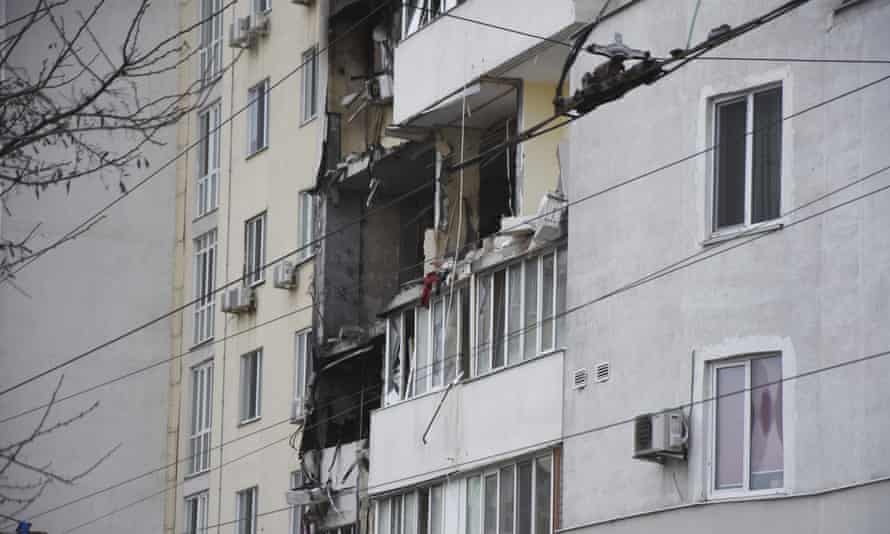 An apartment building damaged after Russian shelling in Odesa, Ukraine, Saturday, April 23, 2022. Ukrainian officials reported that Russia fired at least six cruise missiles at the Black Sea port city of Odesa, killing five people. (AP Photo/Max Pshybyshevsky)