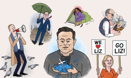 The Guardian’s UK sketch writer picks out some of 2023’s biggest rotters, from Suella and SBF to Elon Musk and Lord Dave.