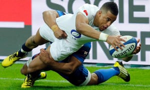 Anthony Watson scores England’s third try against France, giving them an edge that in the end enabled Eddie Jones’s side to win the Six Nations grand slam.