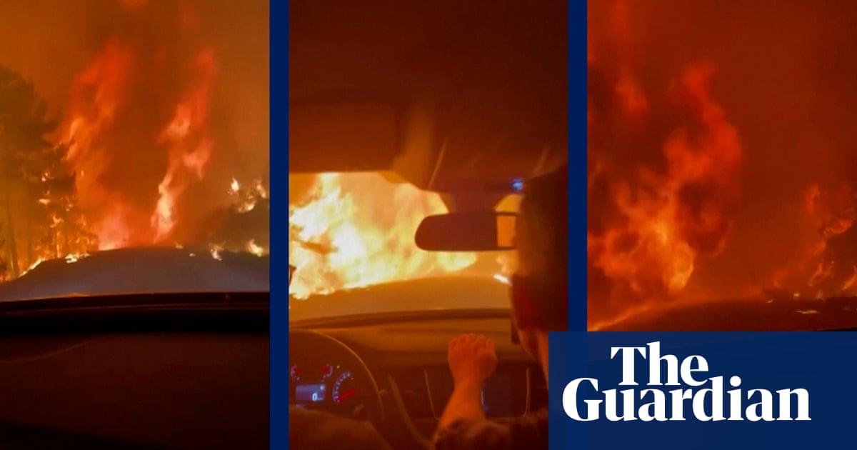 ‘We went through hell’: friends taking food to firemen find road blocked by Turkish wildfire – video