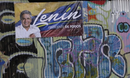 A poster of government presidential candidate Lenin Moreno displayed near a campaign rally ahead of Sunday’s presidential runoff election in Quito, Ecuador