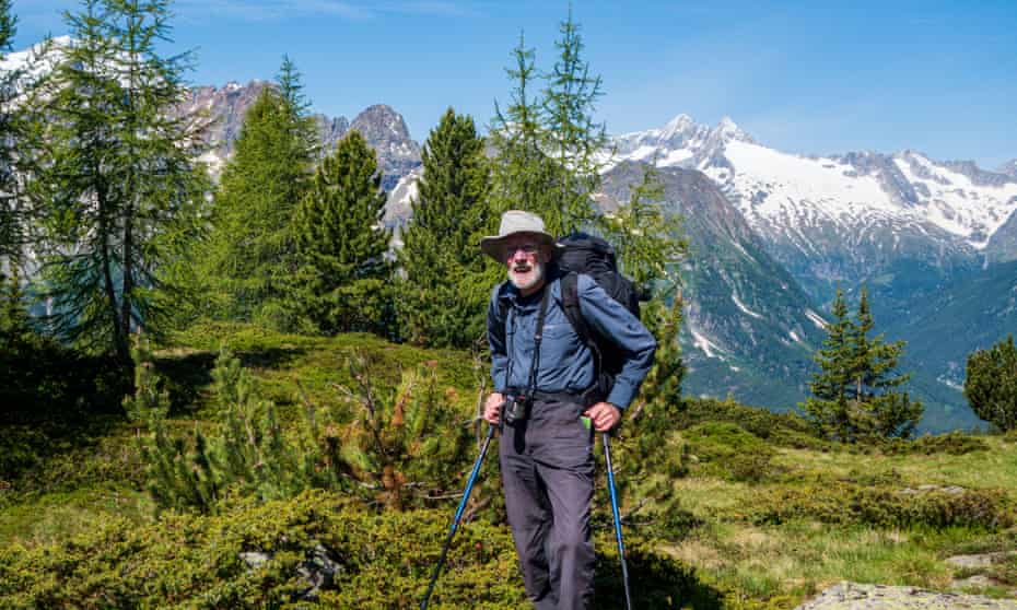 Kev Reynolds in the Alps. He also wrote guides to walking routes in Britain, including the North Downs Way and the Cotswold Way