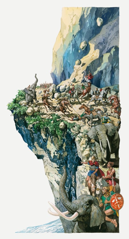 An illustration of Hannibal crossing the Alps with elephants and horses.