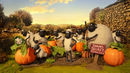 Shaun the Sheep and the flock gather around pumpkins at their secret patch.