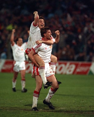Steve Bruce and Gary Pallister celebrate Manchester United’s Cup Winners’ Cup triumph in Rotterdam.