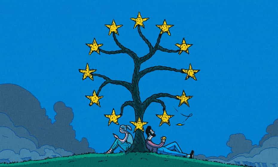 R Fresson illustration of sitting under a tree with the EU stars at the end of the branches
