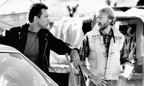 James Cameron with Arnold Schwarzenegger on the set of Terminator 2: Judgment Day.