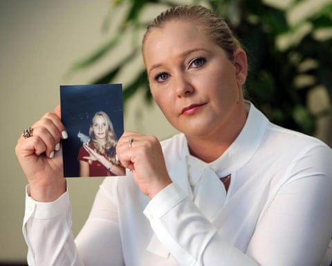 Virginia Giuffre, with a photo of herself as a teen