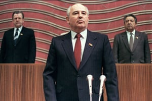 15 March 1990. First Soviet President Mikhail Gorbachev poses solemnly as he takes the oath at the Congress of Deputies, in Moscow.