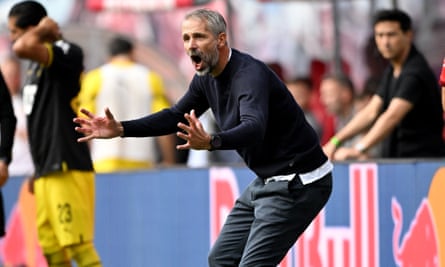Marco Rose barks instructions at his Leipzig players during their 3-0 defeat of his former club Dortmund.