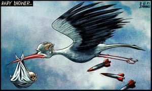 Ben Jennings cartoon, 11/3/22: Putin as stork dropping bombs and carrying napkin of skulls