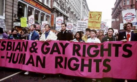 Ian McKellen and Peter Tatchell lead a march against section 28, Manchester, February 1988.