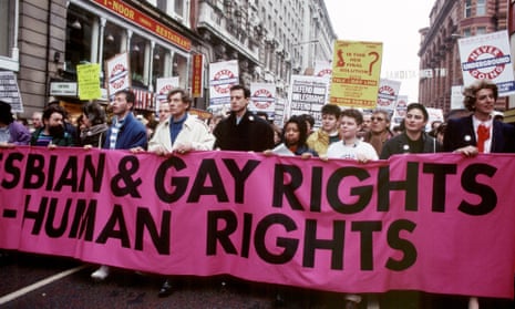 Actor Ian McKellen and Peter Tatchell on march against Section 28, Manchester, February 1988.